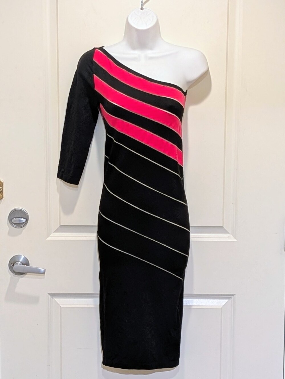 EUC 90s Wolford M Asymmetrical One Shoulder Circle Knit Pink and Black Dress